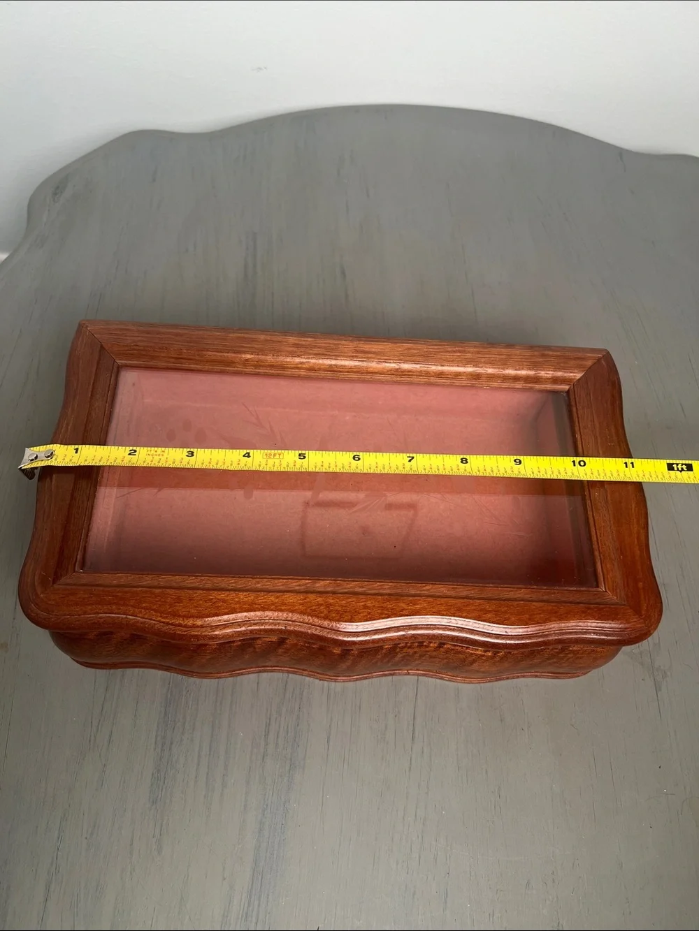 Vintage walnut etched glass jewelry/watch/treasure box. Beautiful curved lines.